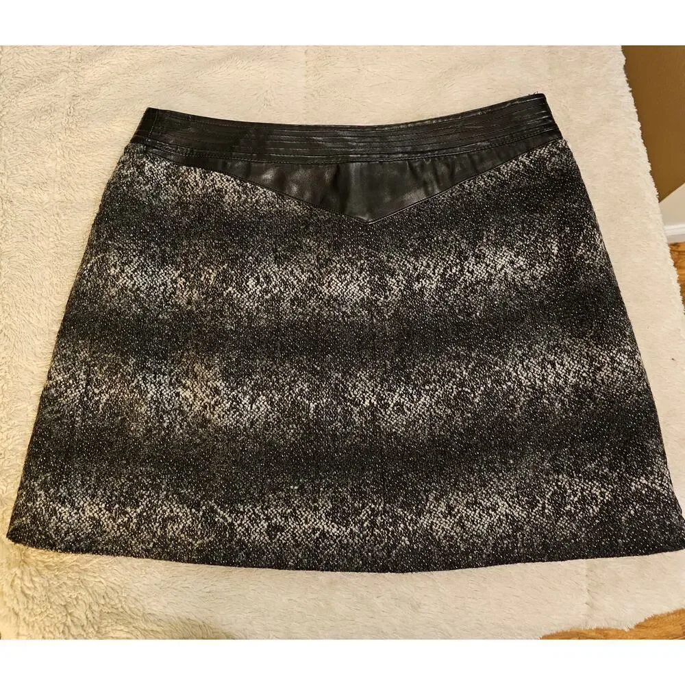 Karl Lagerfeld Sz6 Boucle Tweed Wool blend Lined‎ WrapGrayBlack Fauxleatherskirt